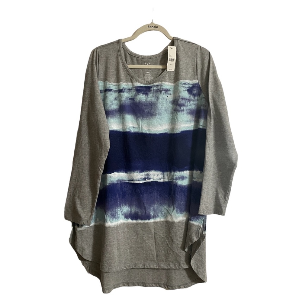 LIVI NWT Heather Gray Horizontal Blue Stripe High Low Tunic Top Size 18/20
